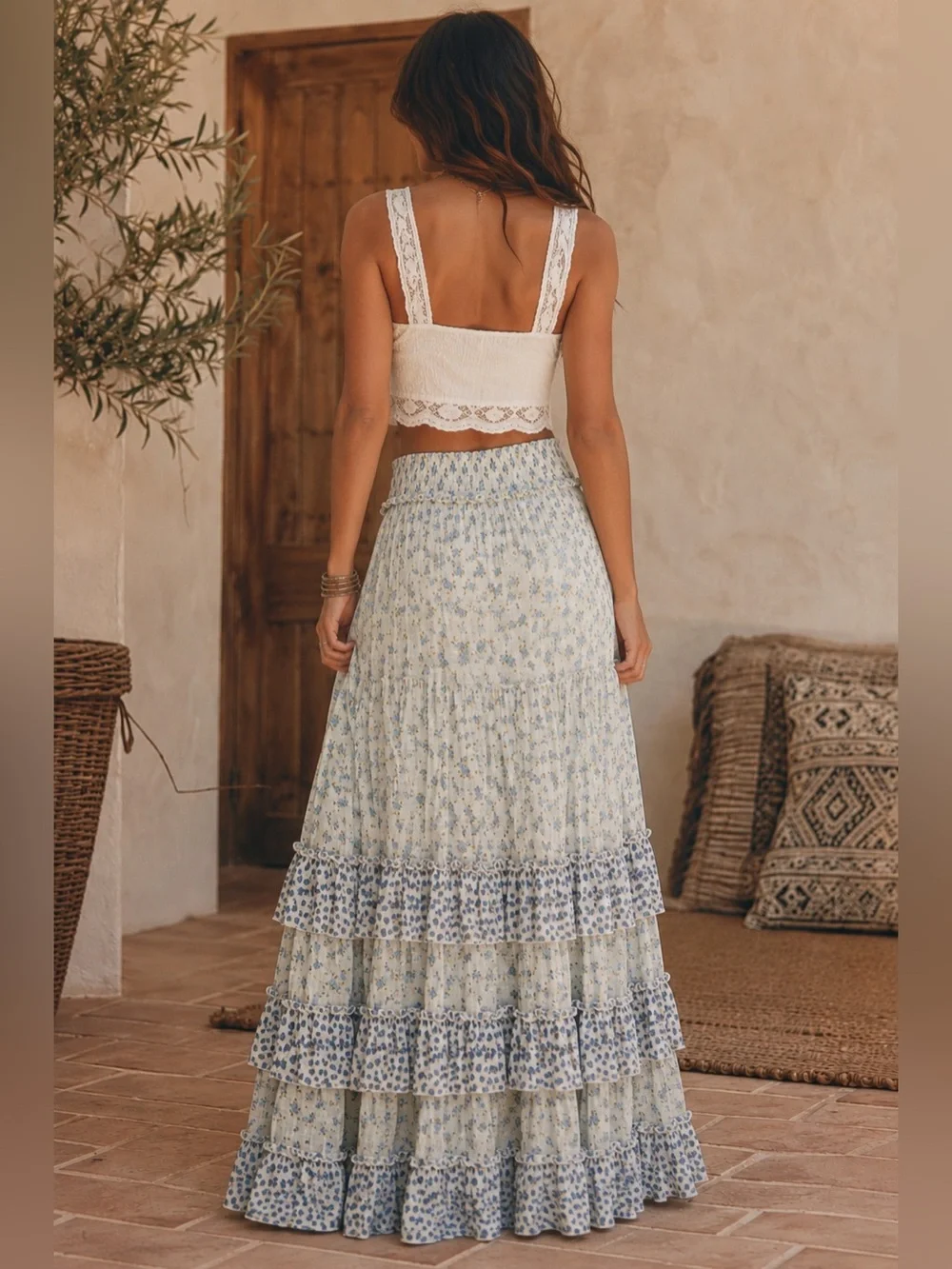 Free People Brynn Printed Ruffle Maxi Skirt | Ditsy Ivory Combo